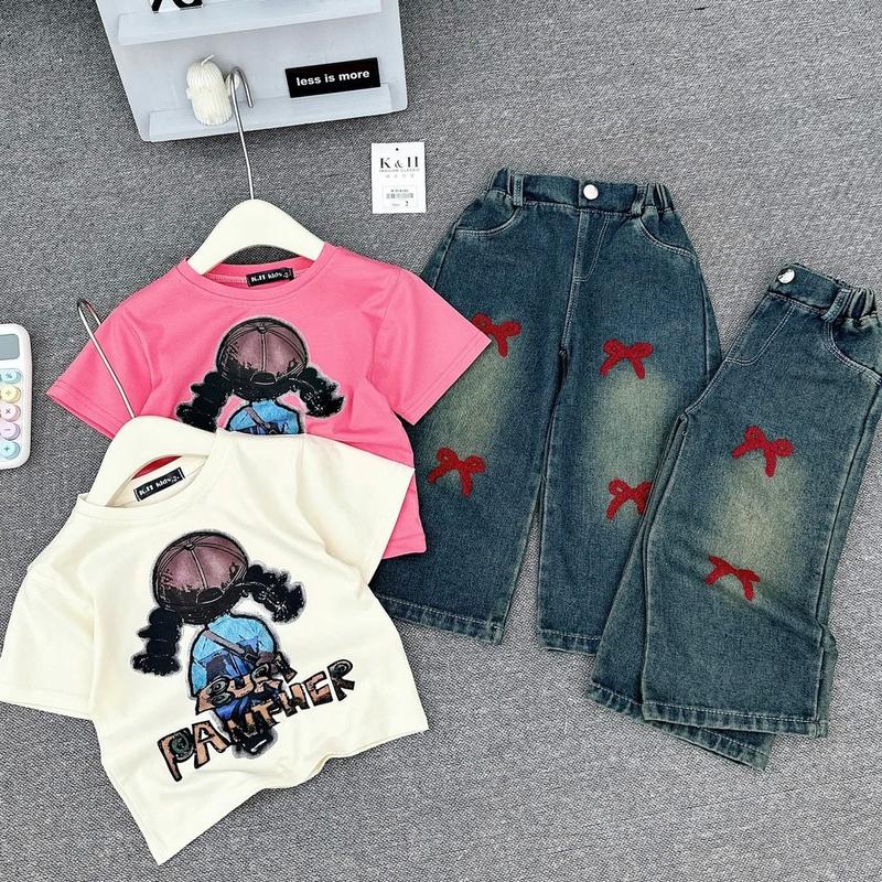R22- Set áo thun cotton bé gái dễ thương kèm quần jean xuông thêu nơ dành cho bé gái 9-30kg