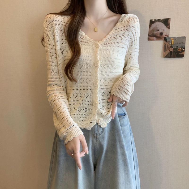 Áo len cardigan dệt kim rỗng mới cho nữ áo khoác mỏng khăn choàng chống nắng dài tay áo ngắn Top Women 1