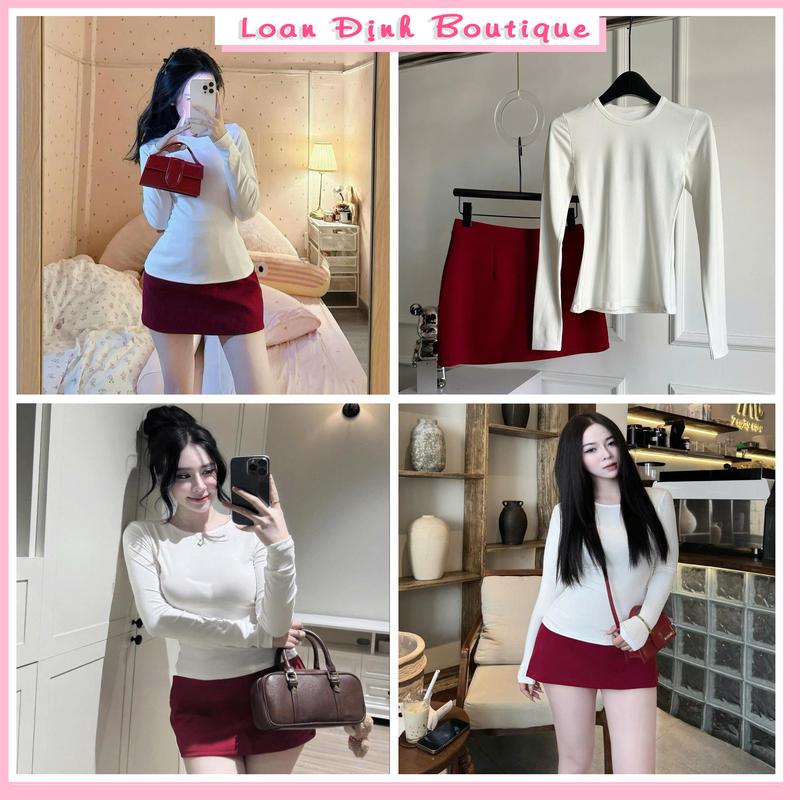 Set Váy Áo Zip Trắng Chân Váy Đỏ Chữ A Kèm Quân Trong Dress Nữ Áo Top Women Loan Định Boutique LD012 Kem