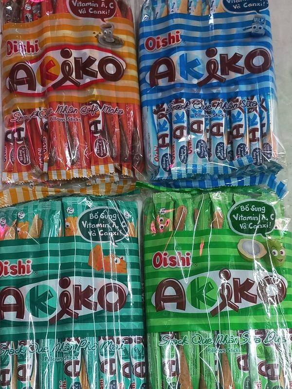 THÙNG 10 GÓI BÁNH SNACK QUE CÓ NHÂN OISHI AKIKO 20 CÂY VỊ PHÔ MAI HAY VỊ CAFE HAY VỊ SỮA HAY VỊ SỮA DỪA GÓI 140G