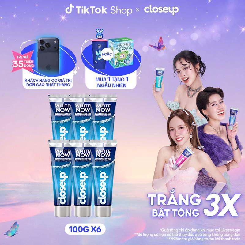 Combo 6 Kem đánh răng Closeup White Now - Trắng Bật Tông 3X từ Công nghệ Ánh Sáng Xanh - Tinh Thể Blue Sapphire 100g [1]