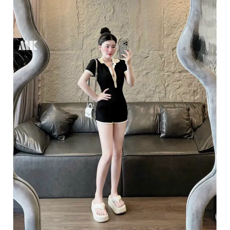 JUMSUIT ĐÙI POLO ĐEN VIỀN TRẮNG TAY NGẮN - Dáng Chuẩn Voi ÁO Jean Voan Lịch 2