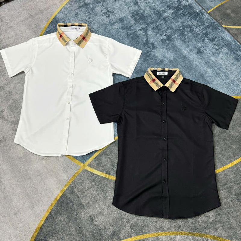 Áo sơ mi nam tay ngắn vải lụa thêu viền cổ BBR phối logo nổi mặt thoáng mát Menswear Top