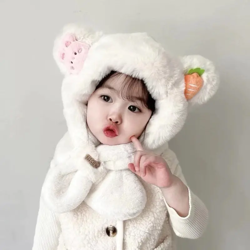 ￼Mũ kèm khăn cho bé 2-6tuổi tai củ quả - động vật dễ thương giữ ấm mùa đông Kem Voi Nón Hat đi du lịch đồ họa 3