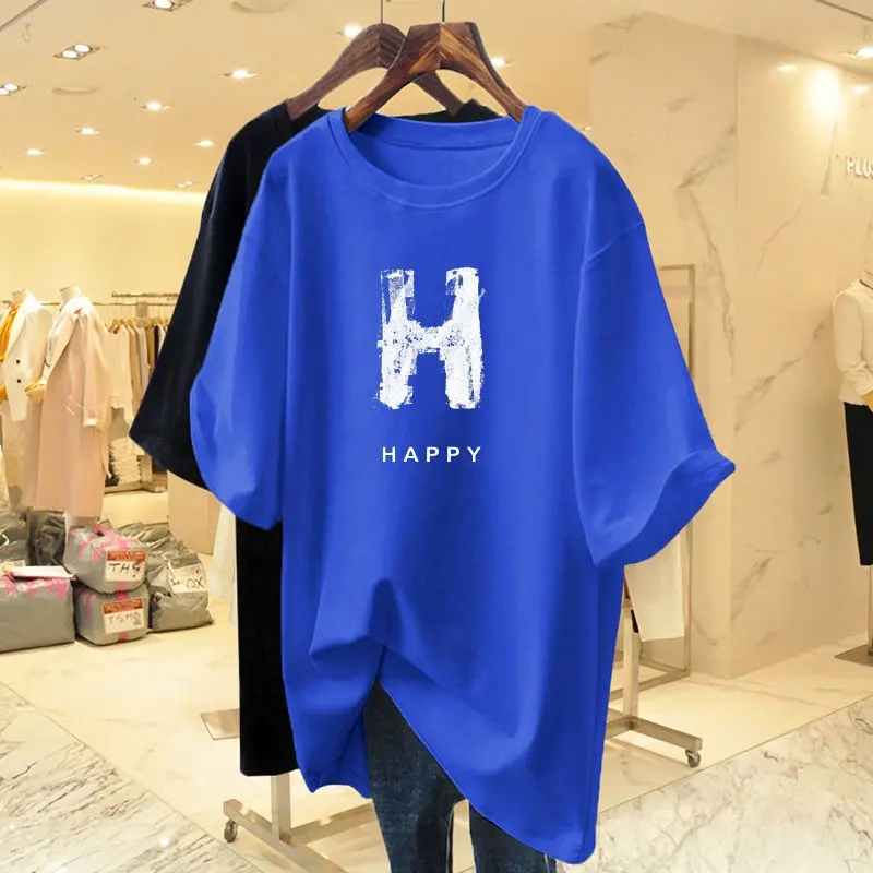 Áo Thun Xanh Klein, Dành Cho Nữ, ngắn Tay, Dài Trung Bình, Cotton Nguyên Chất, Dáng Rộng Vừa Vặn, Ngoại Cỡ, Phong Cách Châu Âu, Áo Thương Hiệu Hợp Xu Hướng Mùa Hè 2023 Hàng Mới Về 1