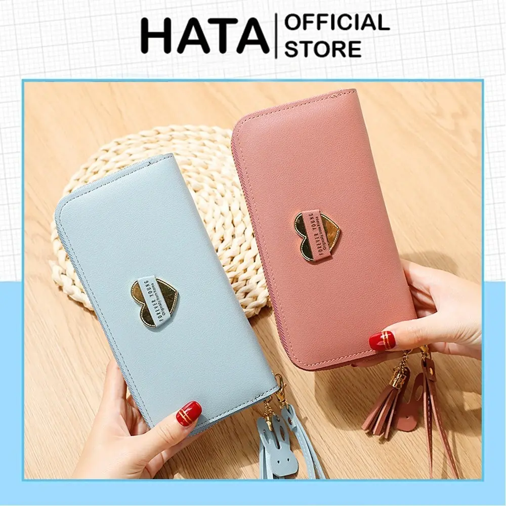 Women's Long Handbag with Heart Decoration, Multiple Compartments, Fashionable Korean Style