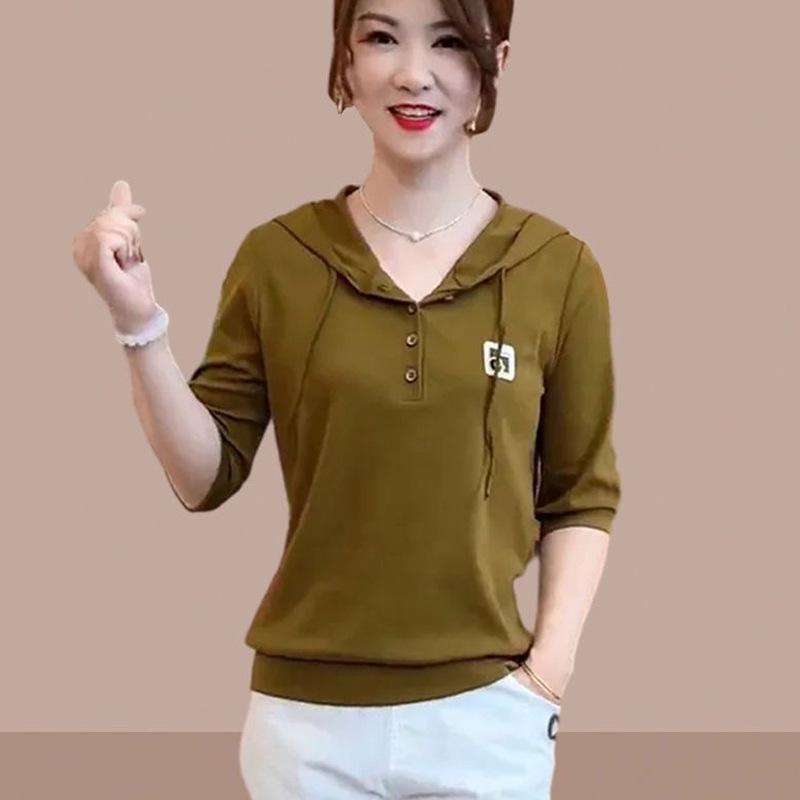 Product Introduction of Áo Thun Dài Tay Có Mũ Trùm Đầu, Mỏng, Trang Phục Đầu Thu Của Mẹ, Phong Cách Đi Chơi Chống Lão Hóa, Áo Thời Trang Phong Cách Phương Tây 8