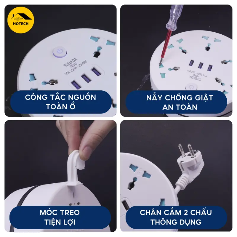 Ổ Điện Đa Năng Dây Rút Chống Giật An Toàn Hotech Chịu Tải 2500W 3 Cổng Usb Tiện Lợi Dây Dài 1,9 - 3,8M Quấn Gọn OD18H 6