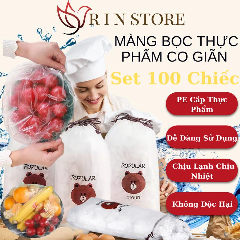  Bọc Thực Phẩm Set 100 Màng Bọc Túi Chun Túi Bọc Thực Phẩm Gấu PE Co Giãn Bọc Đồ Ăn Tiện Lợi RIN 