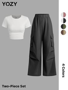 YOZY Solid Round Neck Crop Top & Pocket Cargo Pants Set/ Ruched Short Sleeve Tee & Elastic Waist Wide Leg Trousers Set, Women's Summer Outfits for Daily Wear, Womenswear