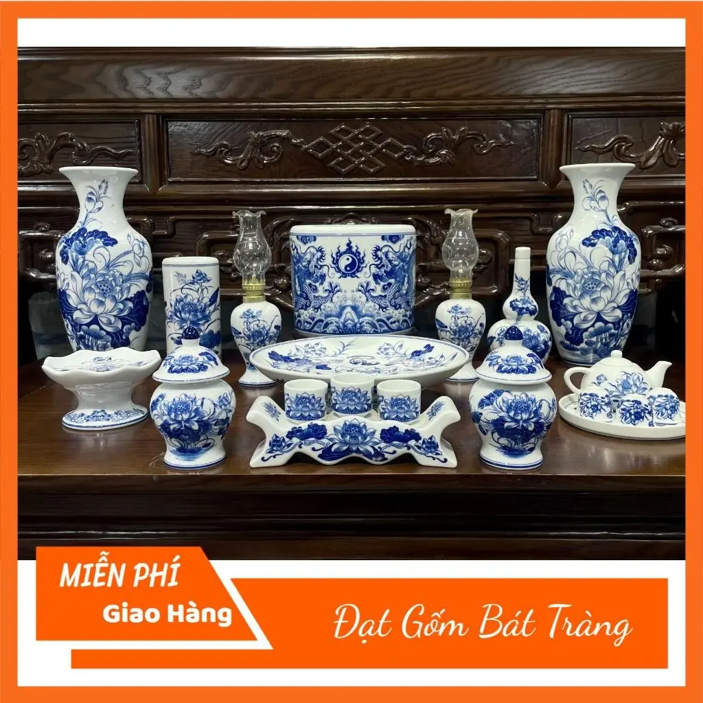 Đồ thờ cúng - Bộ thờ cúng men lam vẽ 3D gốm sứ Bát Tràng chất liệu gốm sứ cao cấp - đồ thờ bát tràng Decor Decor Phòng