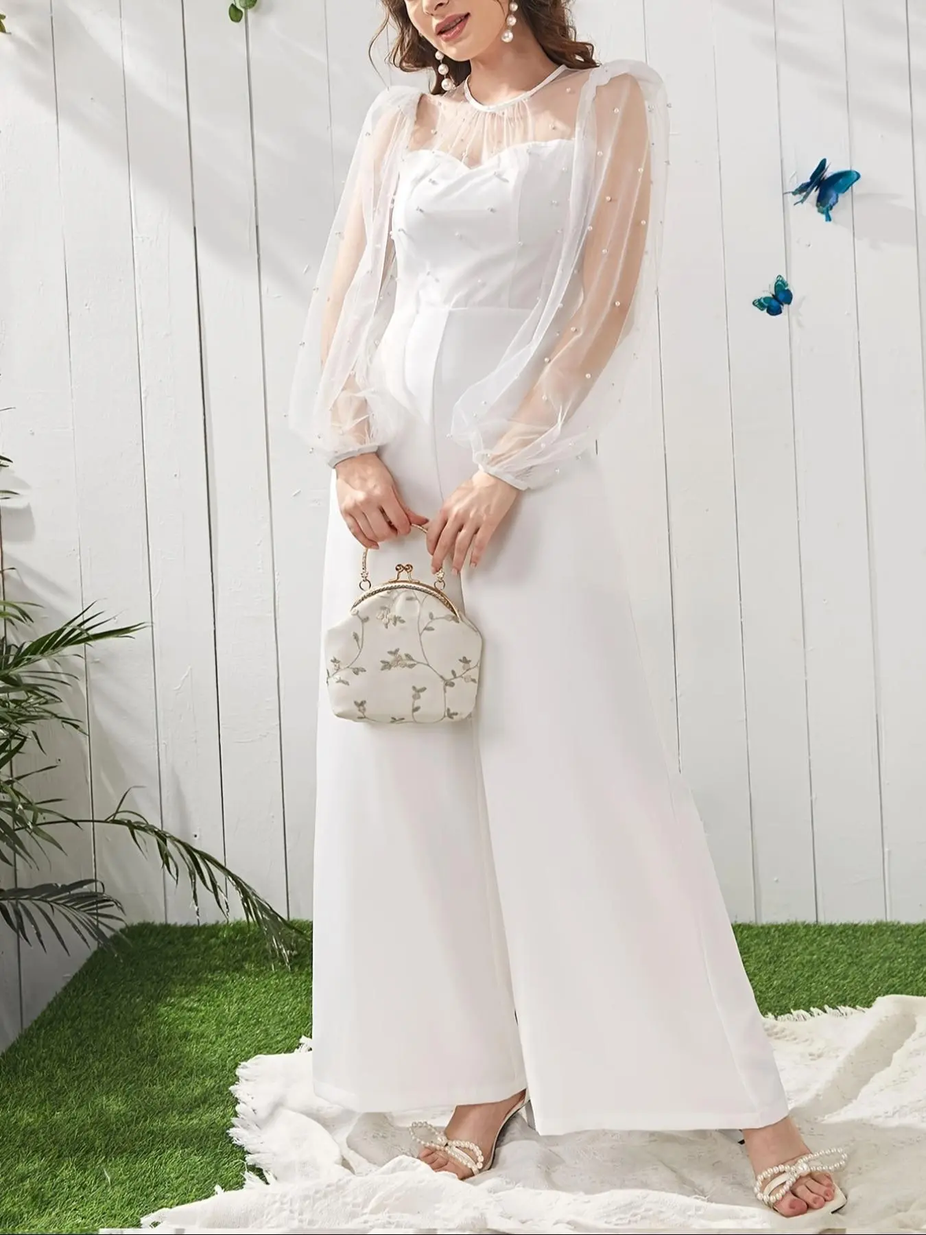 Women's Contrast Sheer Mesh  Jumpsuit, Elegant Fashion Casual Long Sleeve Jumpsuit for Party & Special Occasions, Ladies Clothes for All Seasons, Womenswear