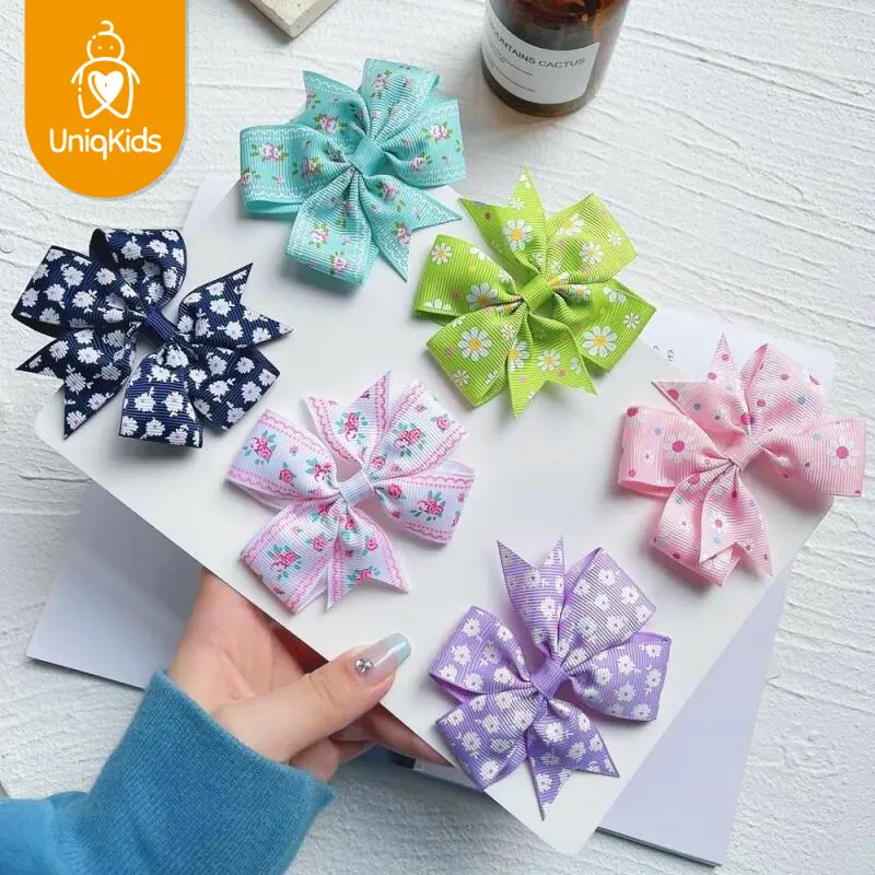 UniqKids 20 color printed Daisy sunflower dots ribbed with fishtail bow baby hair clip children's hair accessories for kids