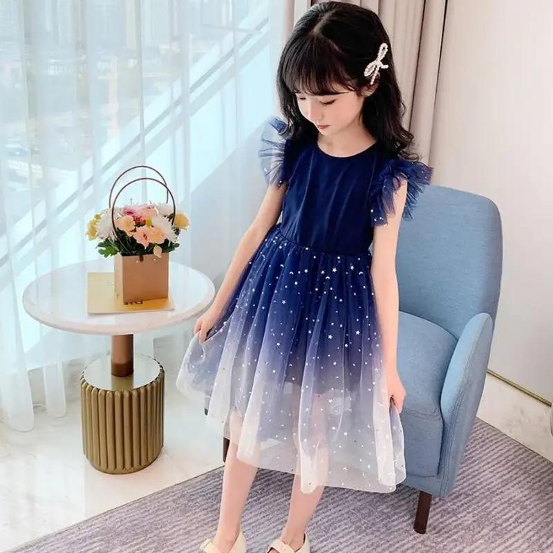 Girls Starry Sky Gradient Princess Dress Summer Sleeveless Fashion Gauze Dress New Years Children's Birthday Party Present 4