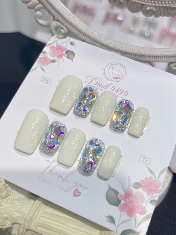 T44 BỘ 10 NAILBOX MÀU TRẮNG SỮA CHUA PHỐI ĐÁ LẤP LÁNH HOLOGRAM SANG TRỌNG TINH TẾ Không chứa cồn Không mùi Độ bóng cao Bền Chống nước