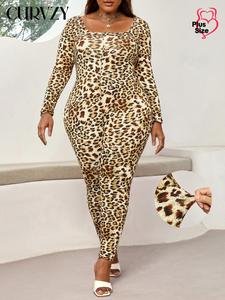 CURVZY Plus Size Leopard Print Long Sleeve Bodycon Jumpsuit, Casual Scoop Neck Jumpsuit for Spring & Fall, Women's Clothes for Daily Wear