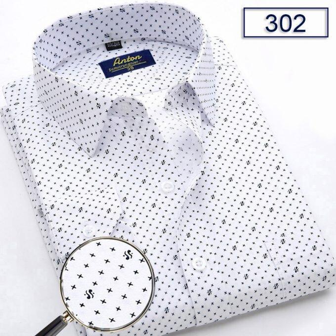 Áo Sơ Mi Nam Công Sở Trung Niên Anton Somianton Màu Trắng Họa Tiết Chấm Bi Ngắn Tay Vải Cotton Menswear Shirt Cổ Tròn- 808