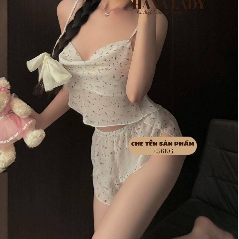 Bộ Ngủ 2 Dây Nữ - Đồ Ngủ Voan Mỏng Hoa Nhí Quần Xẻ Cao VN617