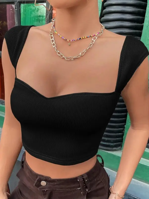 Women's Solid Ribbed Crop Top, Casual Sleeveless Cropped Top for Summer, Fashion Women's Top for Daily Wear 5
