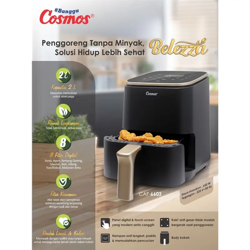 Cosmos CAF6603 – Air Fryer 2 Liter 8 Fitur Digital 650 Watt-Original-New Arrival-Garansi resmi-Pemasak Tanpa Minyak-Penggoreng Tanpa Minyak-Alat Masak-Peralatan Masak 1