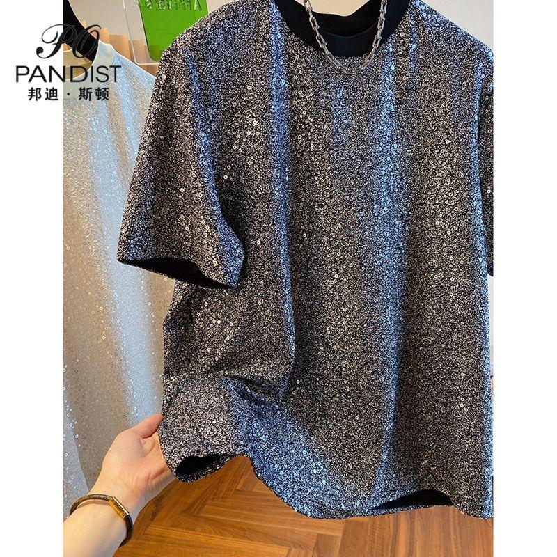 Áo Thun Đính Kim Tuyến, Bondiston Pandist, Dành Cho Nam Giới, Độc Đáo Sang Trọng Cao Cấp, Áo Thun Ngắn Tay, Thời Trang Hàng Đầu Menswear Cổ Tròn 3