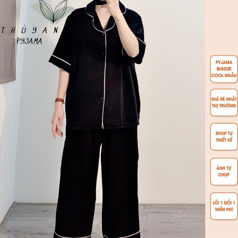 Bộ Pijama Bigsize đen trơn cộc dài chất lụa Mango mặc nhà dành cho nữ có size từ 40kg đến 90kg.
