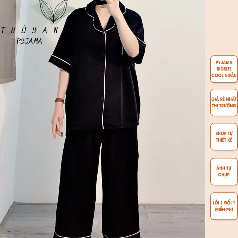 Bộ Pijama Bigsize đen trơn cộc dài chất lụa Mango mặc nhà dành cho nữ có size từ 40kg đến 90kg. 0