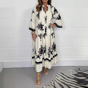 Gaun Maxi, Gaya Bohemia, Untuk Wanita, Kolar Berdiri, Rekaan Bercetak, Gaun Panjang, Sesuai untuk Musim Bunga dan Musim Panas, Longgar, Pakaian Maxi Kasual, Sesuai untuk Percutian dan Pantai, Gaya Jubah Lengan Casual