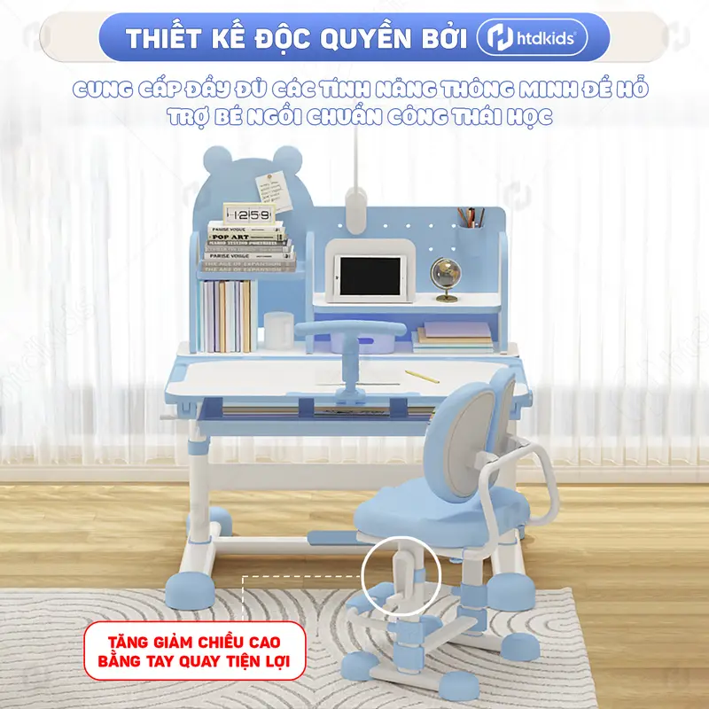 Bộ bàn học chống gù HTDkids T16+, Bàn học cho bé có giá sách, Nâng hạ điều chỉnh độ cao, Giá tốt 6