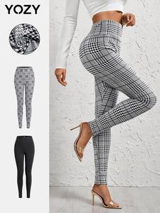 YOZY Women's Houndstooth & Plaid Print Elastic Waist Leggings, Casual Comfy Skinny Pants for Daily Wear, Ladies Bottoms for All Seasons