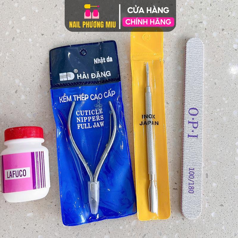 Combo Dụng Cụ Cắt Da Tại Nhà 4 Món Làm Nail, Gồm Kềm Nhặt Da, Kem Mềm Da, Dũa OPI, Cây Đẩy Sủi Da,  Nail Phương Miu