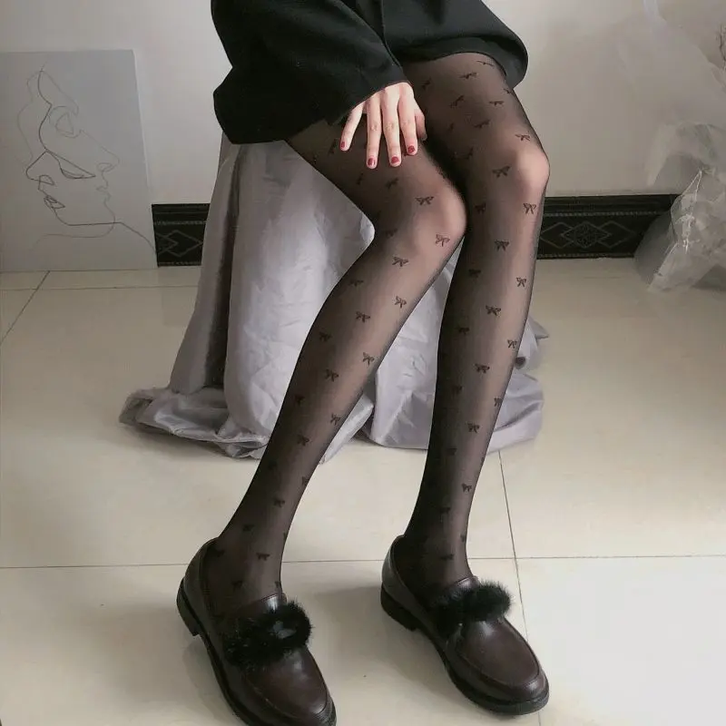Tất Chấm Bi, Chống Nứt Nẻ, Phong Cách Lolita Nhật Bản, Nơ Jacquard, Áo Liền Quần Tình Yêu Bó Sát Mỏng, Lụa Đen Gợi Cảm, JK 6