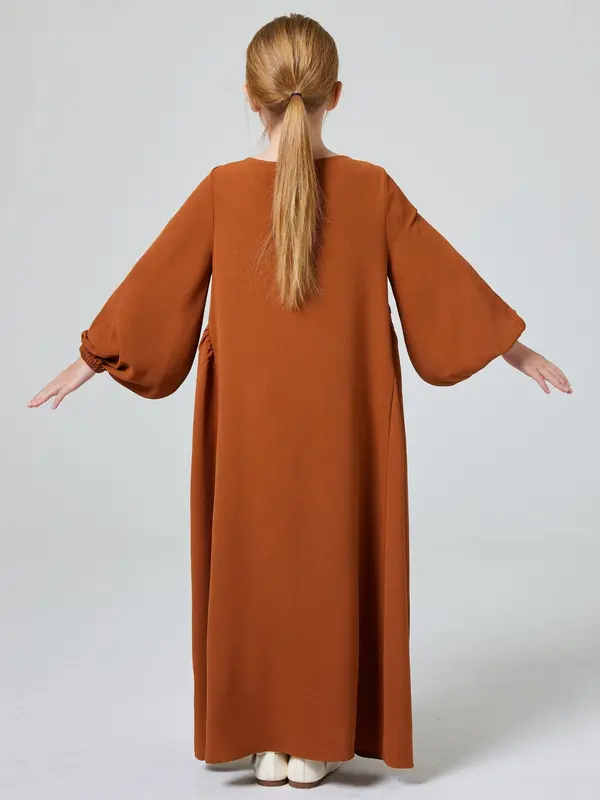 Muslim Girl's Solid Ruched Bishop Sleeve Smock Dress without Hijab, Modern Abaya Dress, Modest Outfits, Cute Clothes, Cute Casual Round Neck Long Sleeve Dress for Daily Wear, Kid's Summer Clothes 8