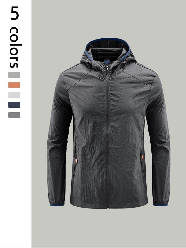 Men's Solid Color Pocket Zip Up Jacket, Regular Fit Breathable Sun Protection Outerwear for Outdoor Activities, Casual Comfy Men's Sportswear for All Seasons 1