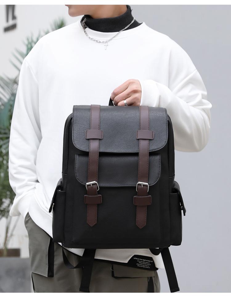 Product Introduction of Men's Large-Capacity Backpack-Business Notebook Bag, with Adjustable Shoulder Strap, Travel and Student School Bag, Black with Brown Embellishment, Design, Multi-One Compartment, Stylish Stitching Details 2