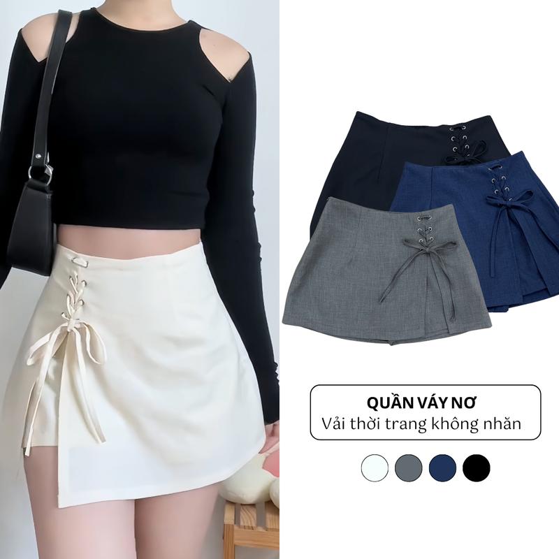  Quần váy nơ 2 tà trước sau xòe chữ A cạp cao ống rộng dáng ngắn 33cm quần tây Nữ Women 