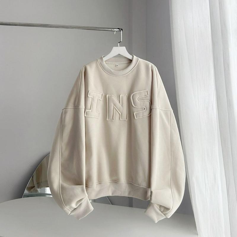 Ao sweater thêu chữ nổi INS nỉ bông , Áo hoodie vải nỉ lót bông dày dặn form rộng unisex 3