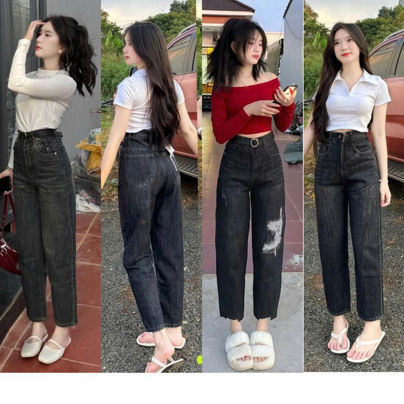 Quần Baggy Jean Thêu chữ M Lưng cạp cao Ống suông vải Jean loại 1