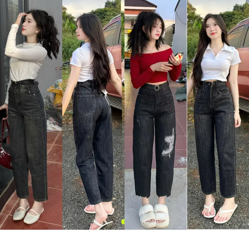 Quần Baggy Jean (Thêu chữ M) Lưng cạp cao, Ống suông vải Jean loại 1 0