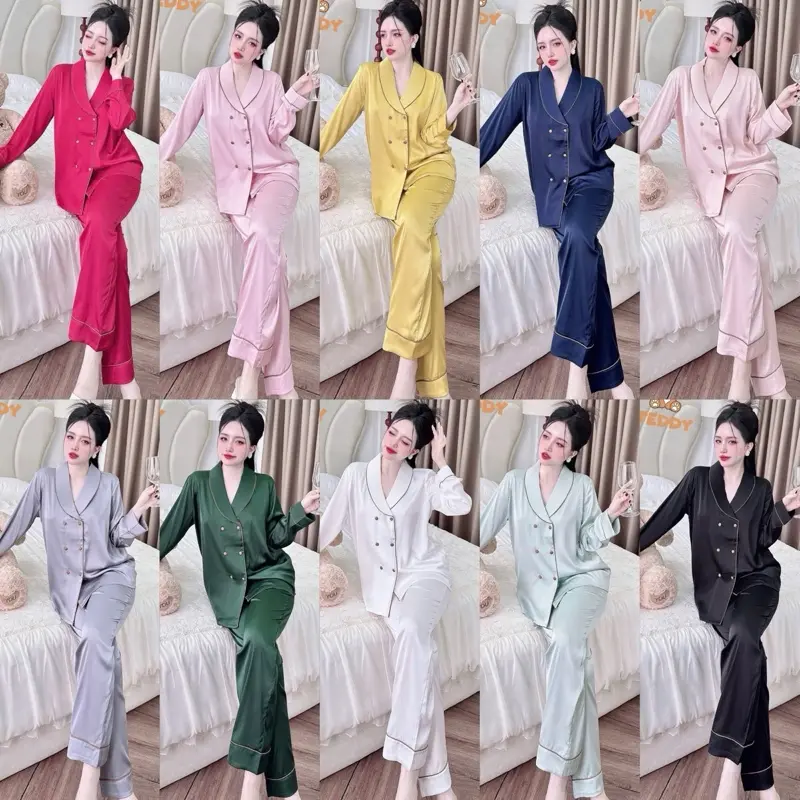 Size M XL 40-68kg . Quần M93cm XL95cm Đồ Bộ Nữ Pijama Cổ Sam . Chất Vải Lụa Latin Mềm Mịn. Có Túi -  Women