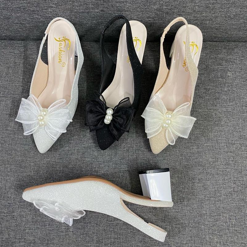 [ CHÂN GẦY LÙI 1 SIZE ] giày cao gót kim tuyến nơ đính ngọc xinh, giày cao gót 5 cm đế chống trơn trượt