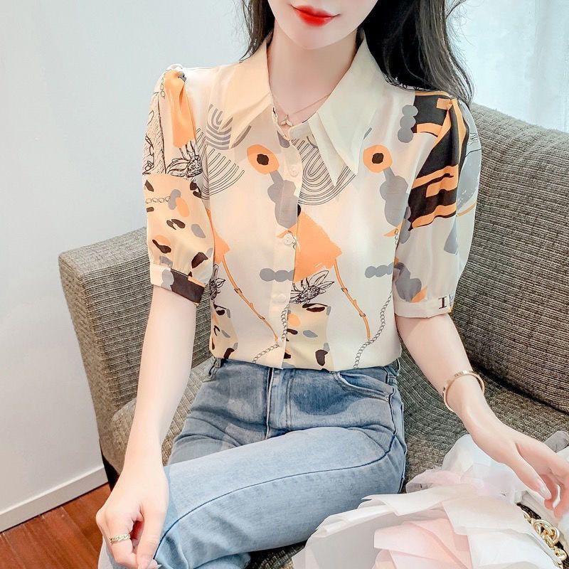 Áo sơ mi nữ họa tiết cổ phối MD chất vải lụa dày dặn Women Top