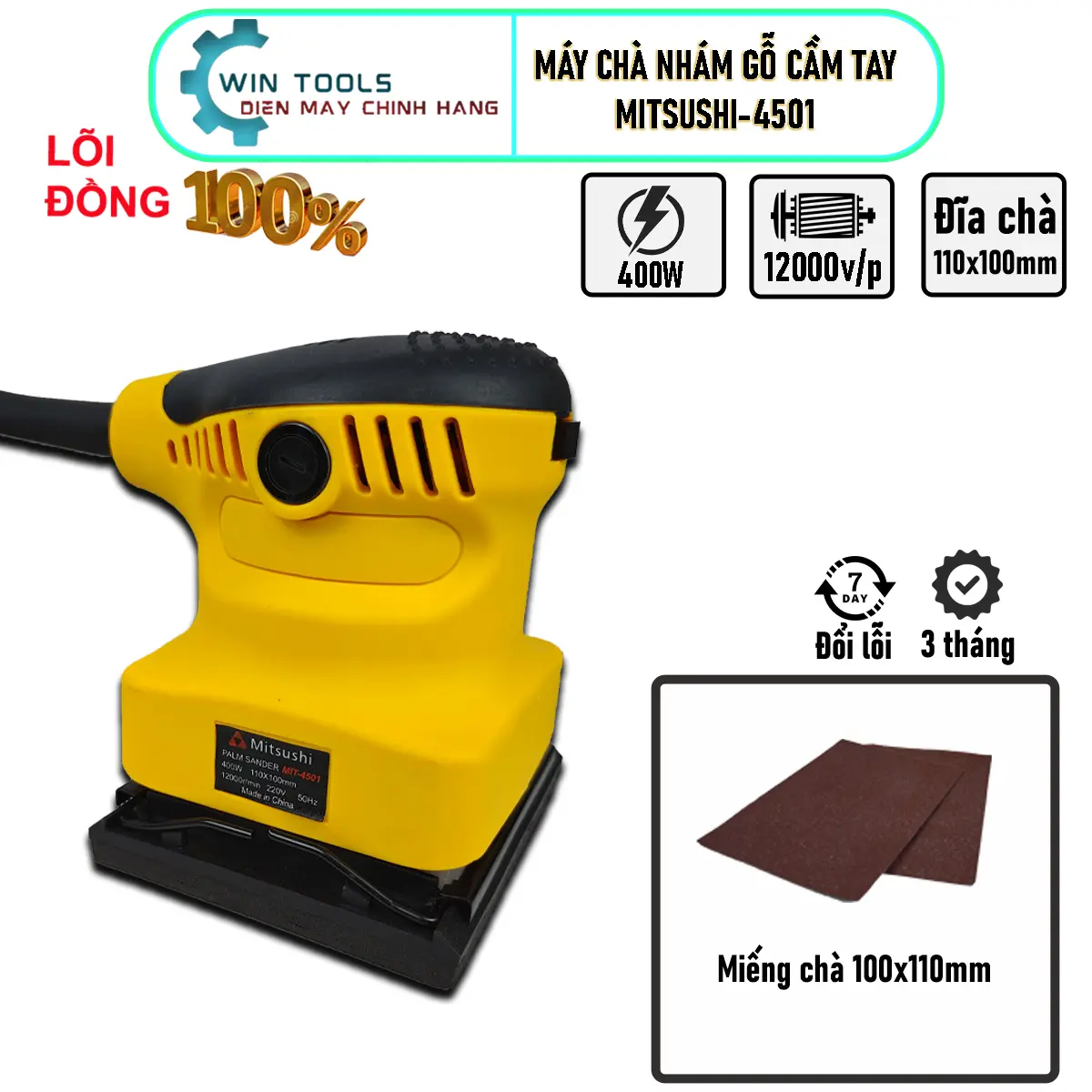 Máy chà nhám gỗ Mitsushi công suất lớn 350w, tốc độ 12000v/p - Máy chà nhám vuông cỡ đĩa 100x110mm