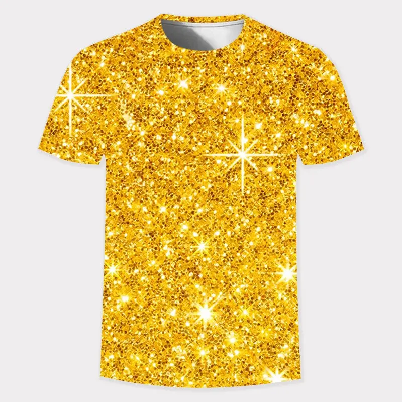 Men New Tshirt 3D Golden Glitter Digital Printing T-shirt O-neck Short Sleeve Men's Casual Personality T Shirt Tee Tops Round Neck Clothing Menswear Polyester