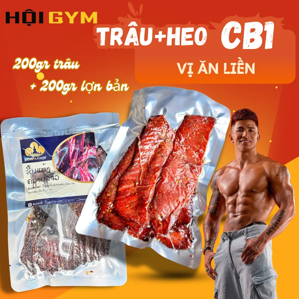 400G [ Hội Gym 88 ] -  Trâu Gác Bếp Lào 200g  + 1 Lợn bản Lào 200G - Hương Vị Chuẩn Lào 100% Thịt Trâu, Lợn Tươi, Vị ăn liền + KÈM CHẲM CHÉO