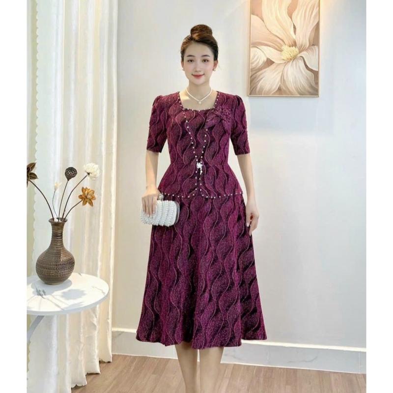 Đầm Đi Tiệc Mã HL618 Dáng Lững Chất vải Thun Nhũ Đính Đá DMC Cao Cấp Từ 50kg đến 75kg Dress Women midi váy kim 5