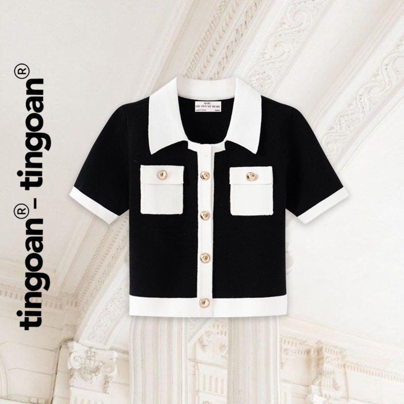 TINGOAN - Áo set len ngắn tay cổ bẻ đính dọc cúc túi 2 bên đen viền trắng CHOI Y TOP/BL