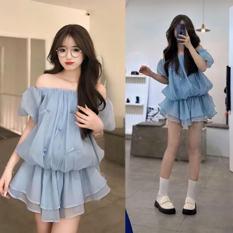 set Nữ áo bí  Women tay ngắn hở vai Kem quần short  Voi phối nơ Top