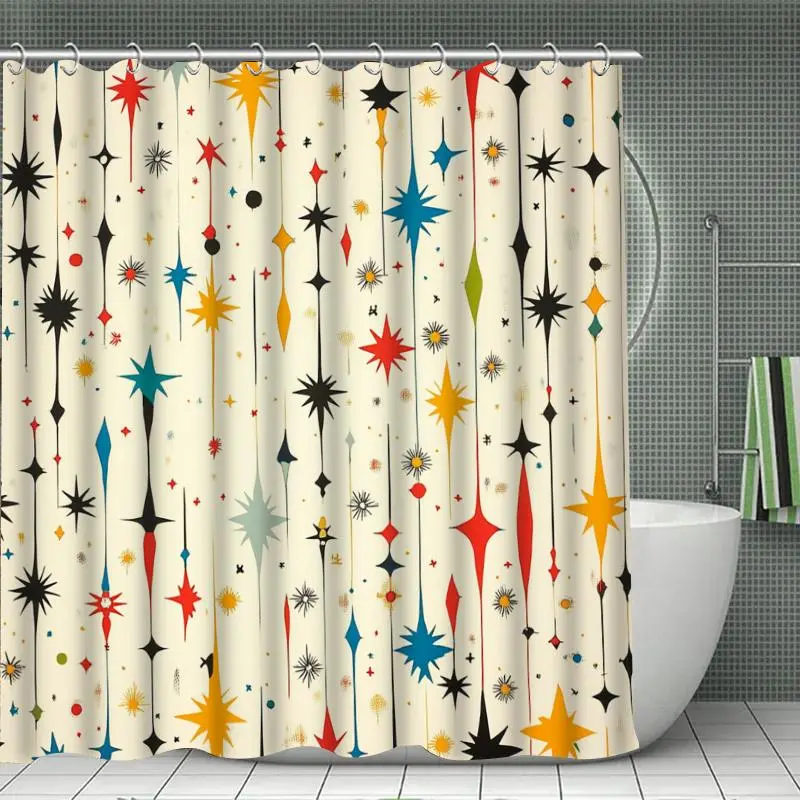 Star Print Shower Curtain Set, 1/4 Counts Including Shower Curtain & U-shaped Mat & Toilet Lid Cover & Bath Mat, Bathroom Accessories with Hooks 5