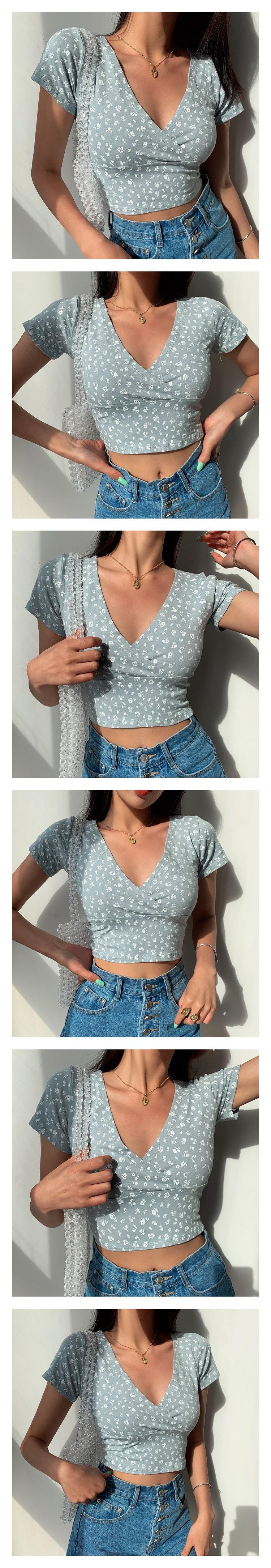 Product Introduction of Áo Thun Hoa Cổ Điển Mỹ Thiết Kế Chéo Cổ Chữ V, Dáng Ôm, Cropped Xén, ngắn Tay Áo, Áo Cánh Nữ Top Shirt Women 3